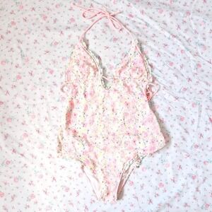 vintage victoria's secret floral eyelet lace halter one piece swimsuit y2k